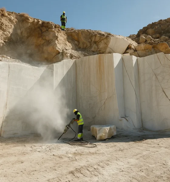 Workers cutting macael marble in a quarry in the Sierra de los Filabres