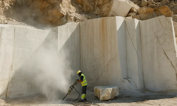Workers cutting macael marble in a quarry in the Sierra de los Filabres
