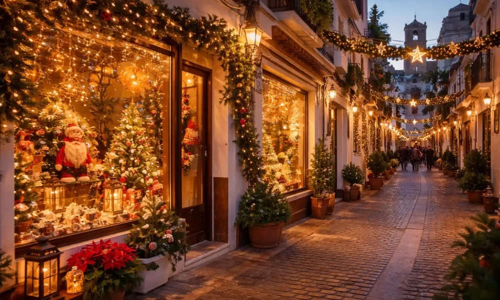 Mojacar Christmas shop windows glowing with festive lights in the old town