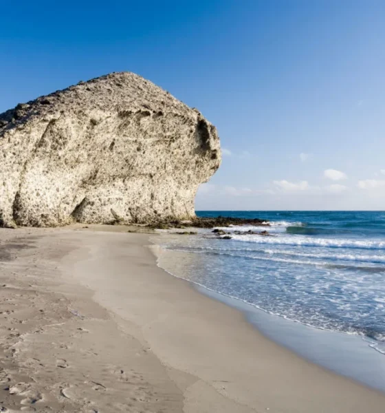 Playa de Monsul beach with volcanic rock formations near San Jose in Cabo de Gata, Almeria
