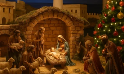 Roquetas de Mar Christmas Nativity Scene with festive decorations and handcrafted figures inside Castillo de Santa Ana