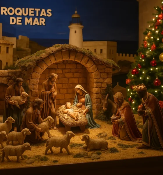 Roquetas de Mar Christmas Nativity Scene with festive decorations and handcrafted figures inside Castillo de Santa Ana