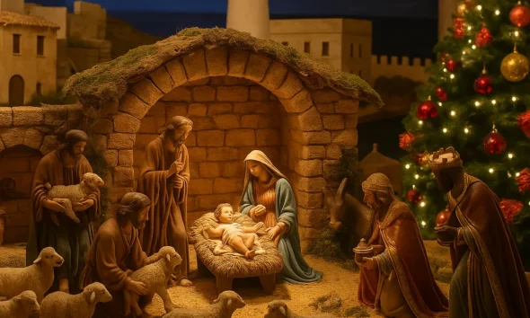 Roquetas de Mar Christmas Nativity Scene with festive decorations and handcrafted figures inside Castillo de Santa Ana