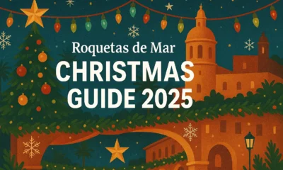 Roquetas de Mar Christmas Guide 2025 cover illustration with festive lights, Christmas tree and Santa Ana skyline