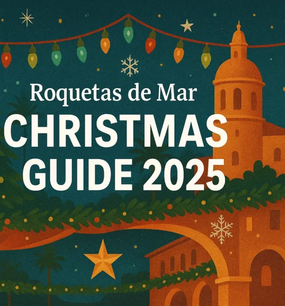 Roquetas de Mar Christmas Guide 2025 cover illustration with festive lights, Christmas tree and Santa Ana skyline