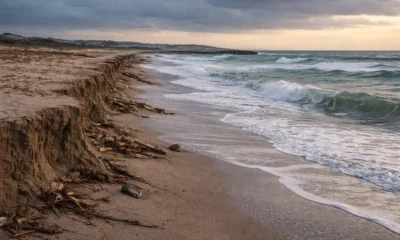 Vera coast beach erosion as storm waves eat into the sand during rough sea conditions