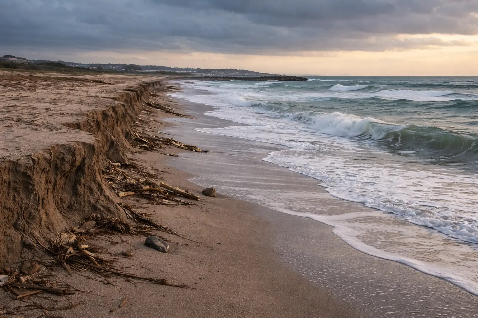 Vera coast beach erosion as storm waves eat into the sand during rough sea conditions