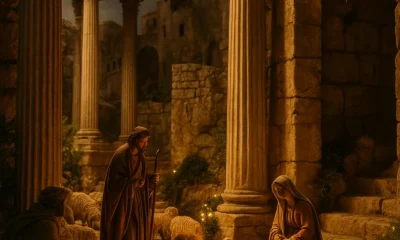 Monumental Vera Nativity Scene with Roman columns, warm lighting and handcrafted figures