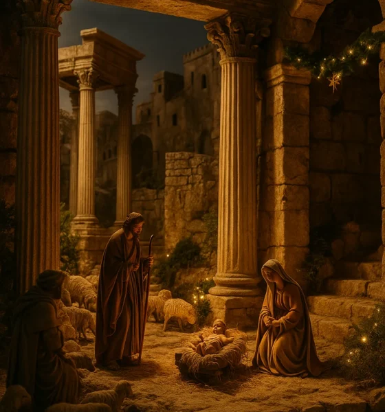 Monumental Vera Nativity Scene with Roman columns, warm lighting and handcrafted figures