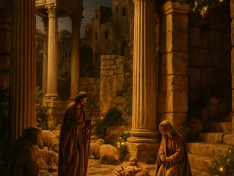 Monumental Vera Nativity Scene with Roman columns, warm lighting and handcrafted figures