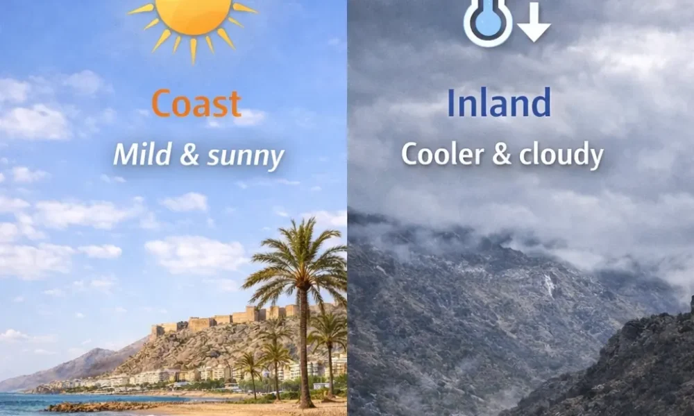 Winter in Almeria showing microclimates, with sunny weather along the coast and cooler, cloudy conditions inland on 26 December 2025