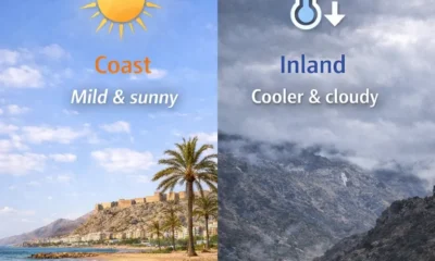 Winter in Almeria showing microclimates, with sunny weather along the coast and cooler, cloudy conditions inland on 26 December 2025