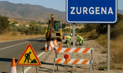 Road safety works on the A-334 near Zurgena, with workers and machinery along the roadside