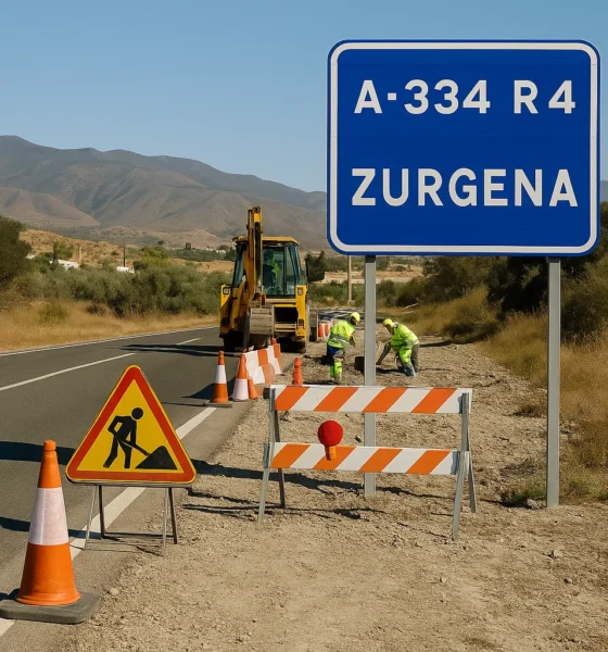 Road safety works on the A-334 near Zurgena, with workers and machinery along the roadside