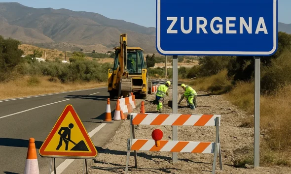 Road safety works on the A-334 near Zurgena, with workers and machinery along the roadside