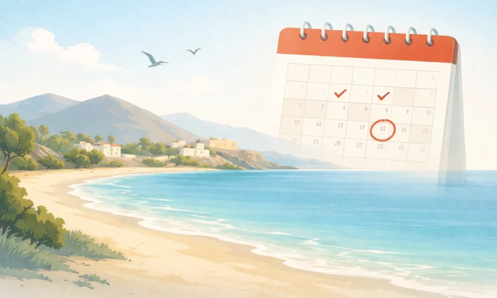 Almeria Bank Holidays 2026 illustrated with a calm coastal scene and a subtle calendar overlay.