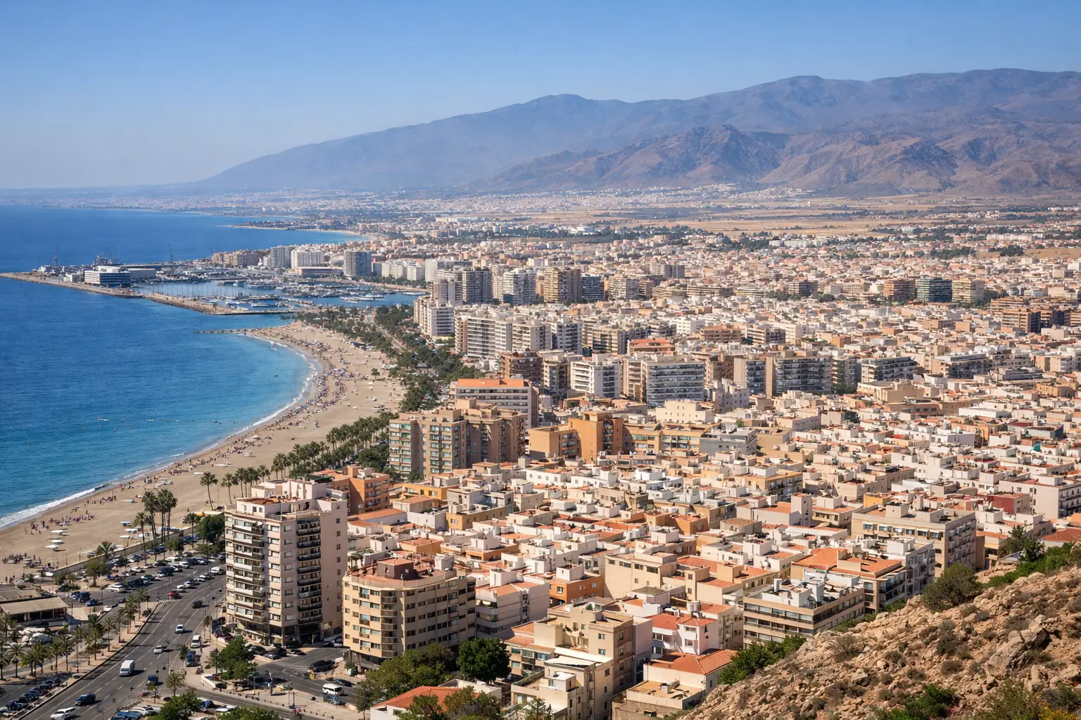 Coastal view of Almeria city showing dense urban development along the Mediterranean coast