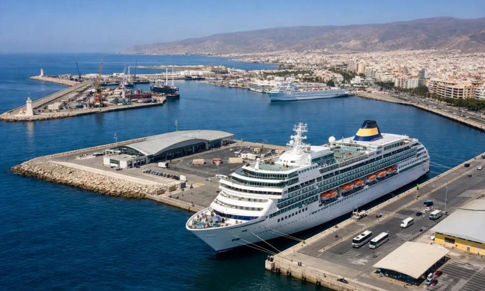 Almeria cruise season at the Port of Almeria with cruise ship docked at the Ribera quay