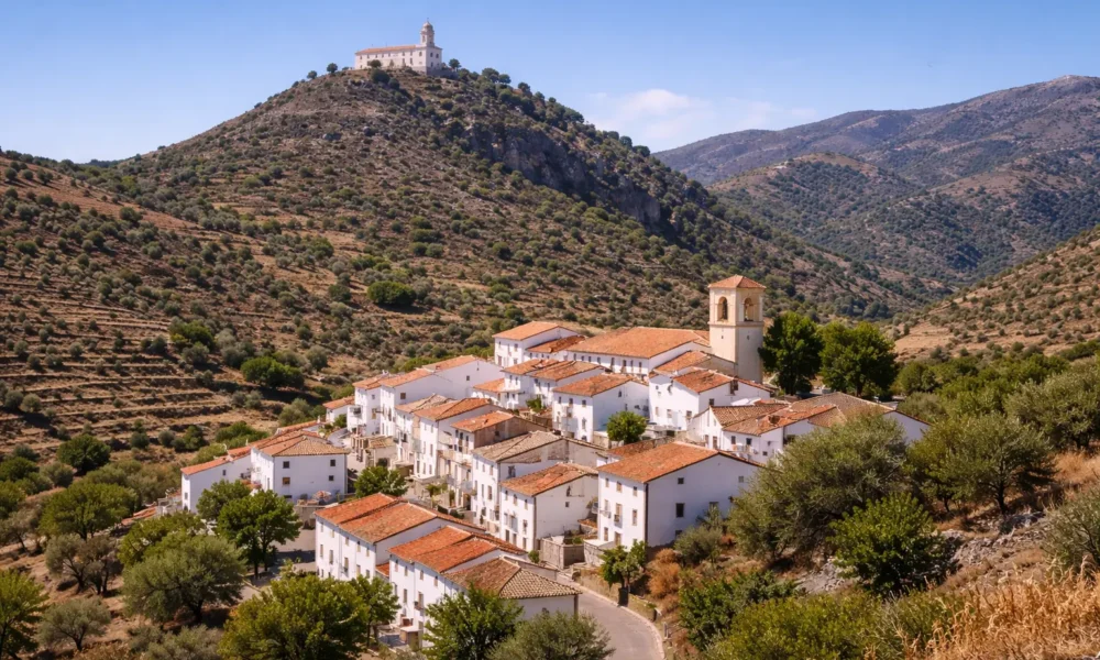 Benizalon village in the Sierra de los Filabres with the Monteagud sanctuary on the hill above