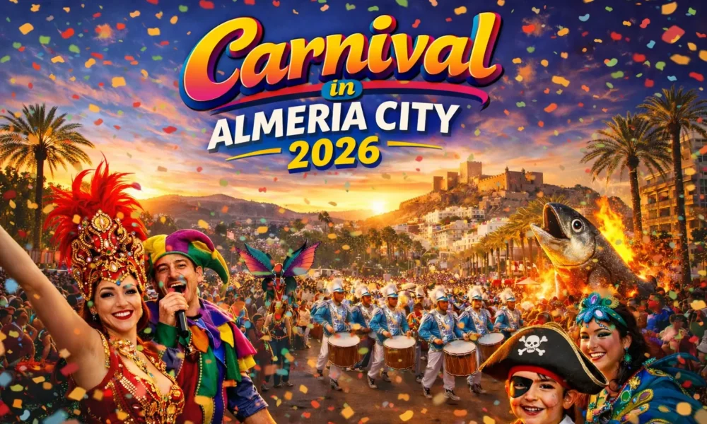Carnival in Almeria City with street parade, costumes and the Alcazaba in the background