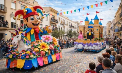 Daytime Carnival in Almeria with decorated floats during a local parade