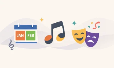 Abstract illustration representing events in Almeria with calendar, music, Carnaval and theatre masks