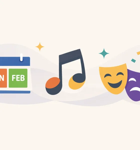 Abstract illustration representing events in Almeria with calendar, music, Carnaval and theatre masks