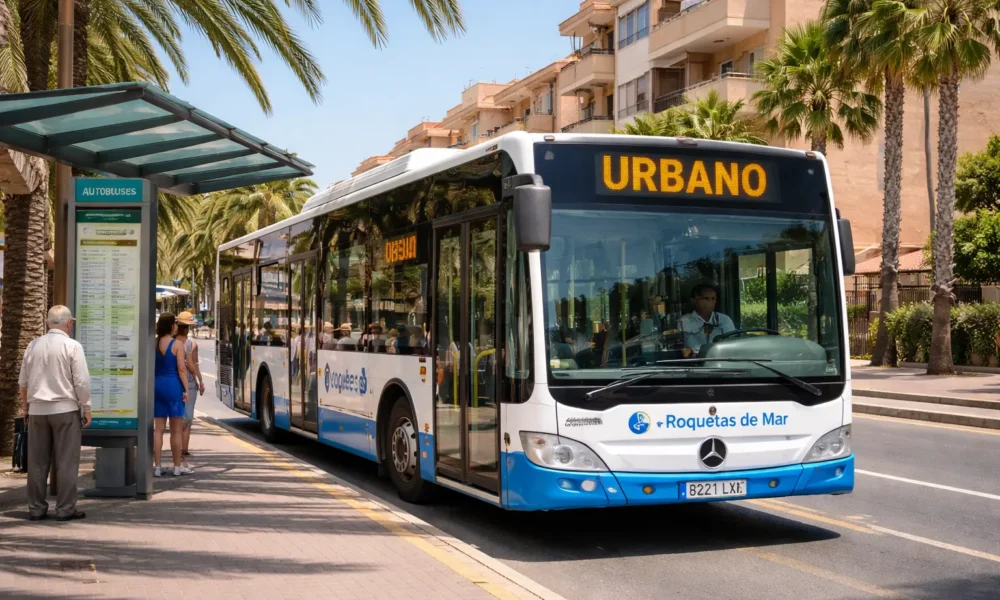 Urban transport service in Roquetas de Mar with city bus at a central stop