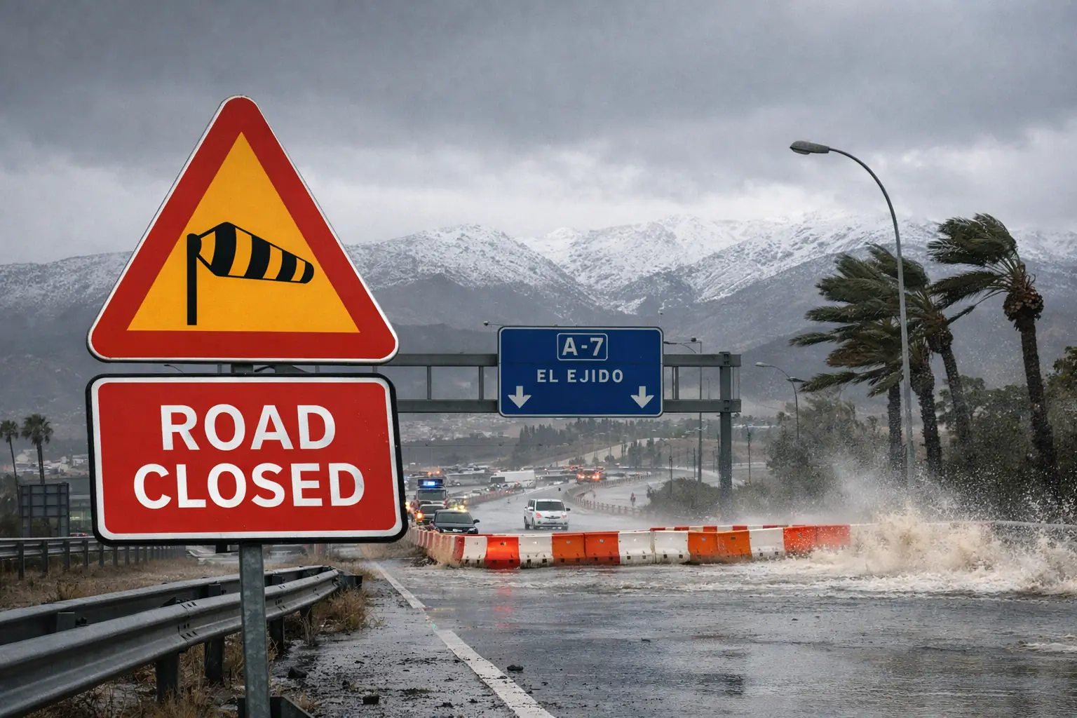 Road closures near El Ejido during Storm Kristin in Almeria, with strong wind and flooding affecting traffic