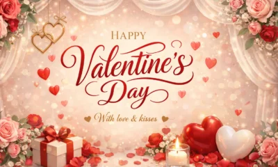 Valentine’s Day greeting card with hearts, roses and romantic decorations