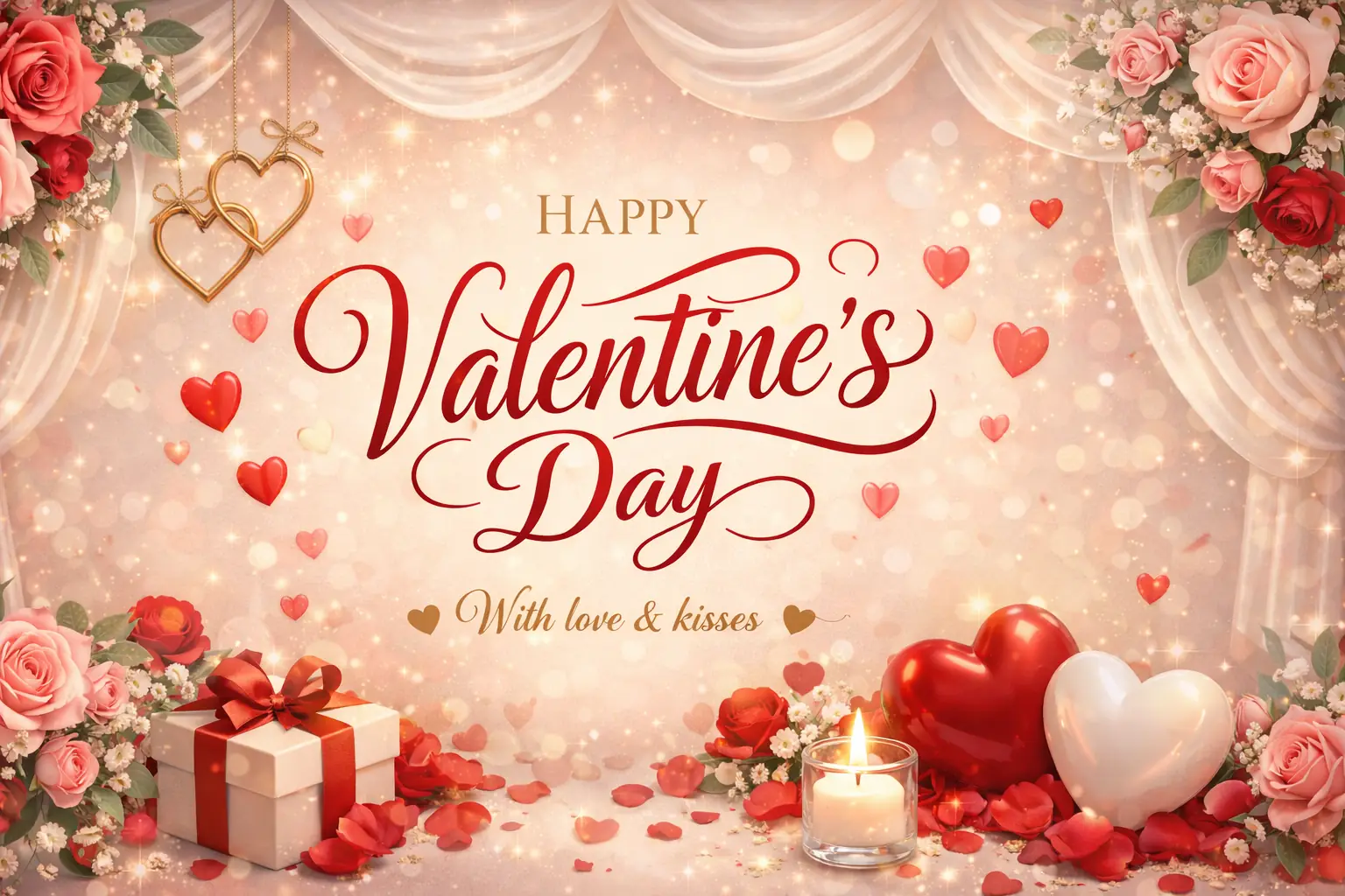 Valentine’s Day greeting card with hearts, roses and romantic decorations