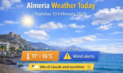 Almeria weather today with mild temperatures, a mix of clouds and sunshine, and AEMET wind alerts across parts of the province