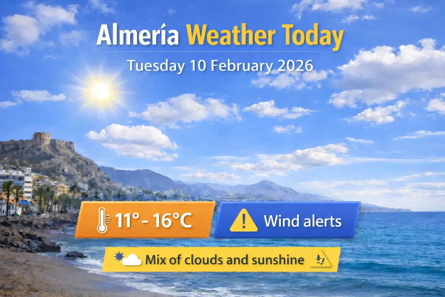 Almeria weather today with mild temperatures, a mix of clouds and sunshine, and AEMET wind alerts across parts of the province