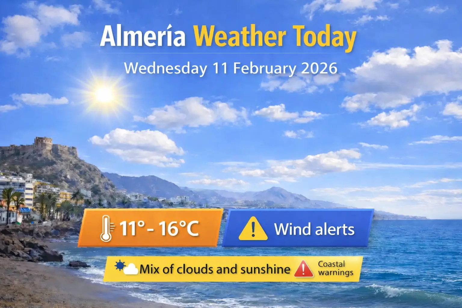 Almeria weather today with mild temperatures, a mix of clouds and sunshine, and AEMET wind and coastal warnings in parts of the province