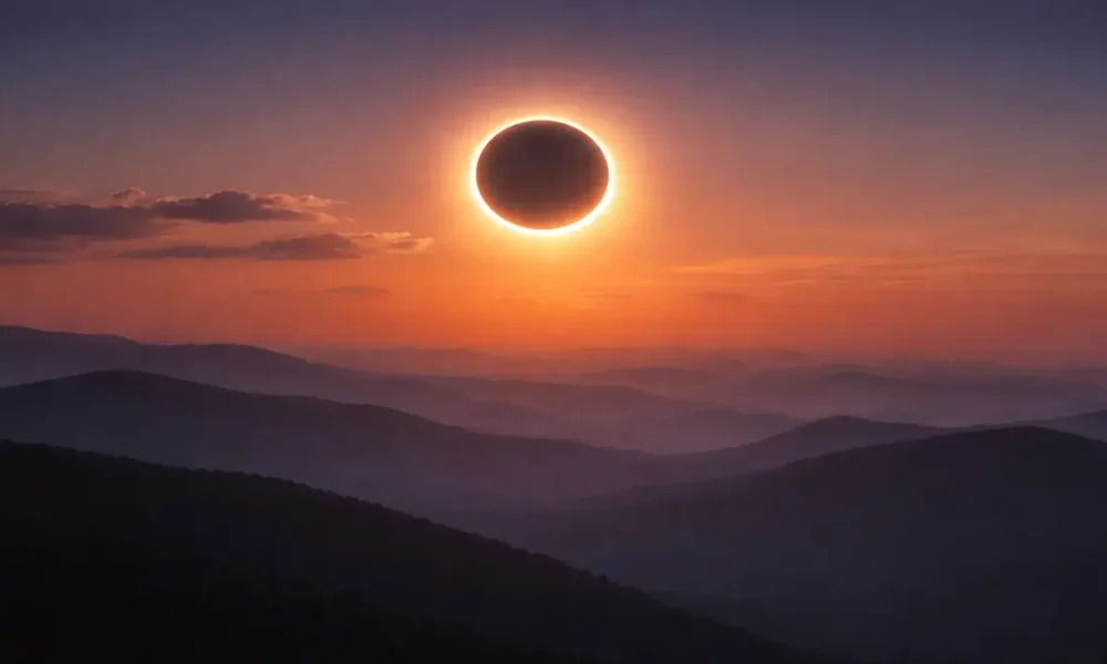 Annular solar eclipse forming a ring of fire above the mountains near Calar Alto in Almeria