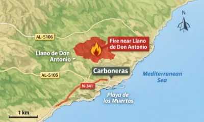 Map showing the wildfire in Carboneras near Llano de Don Antonio and the surrounding area