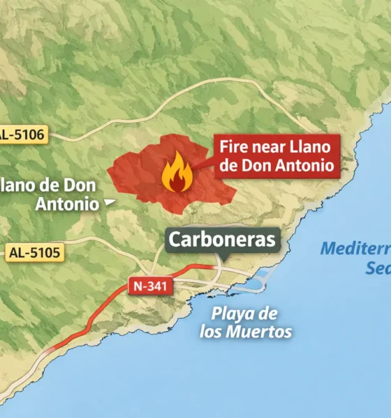 Map showing the wildfire in Carboneras near Llano de Don Antonio and the surrounding area