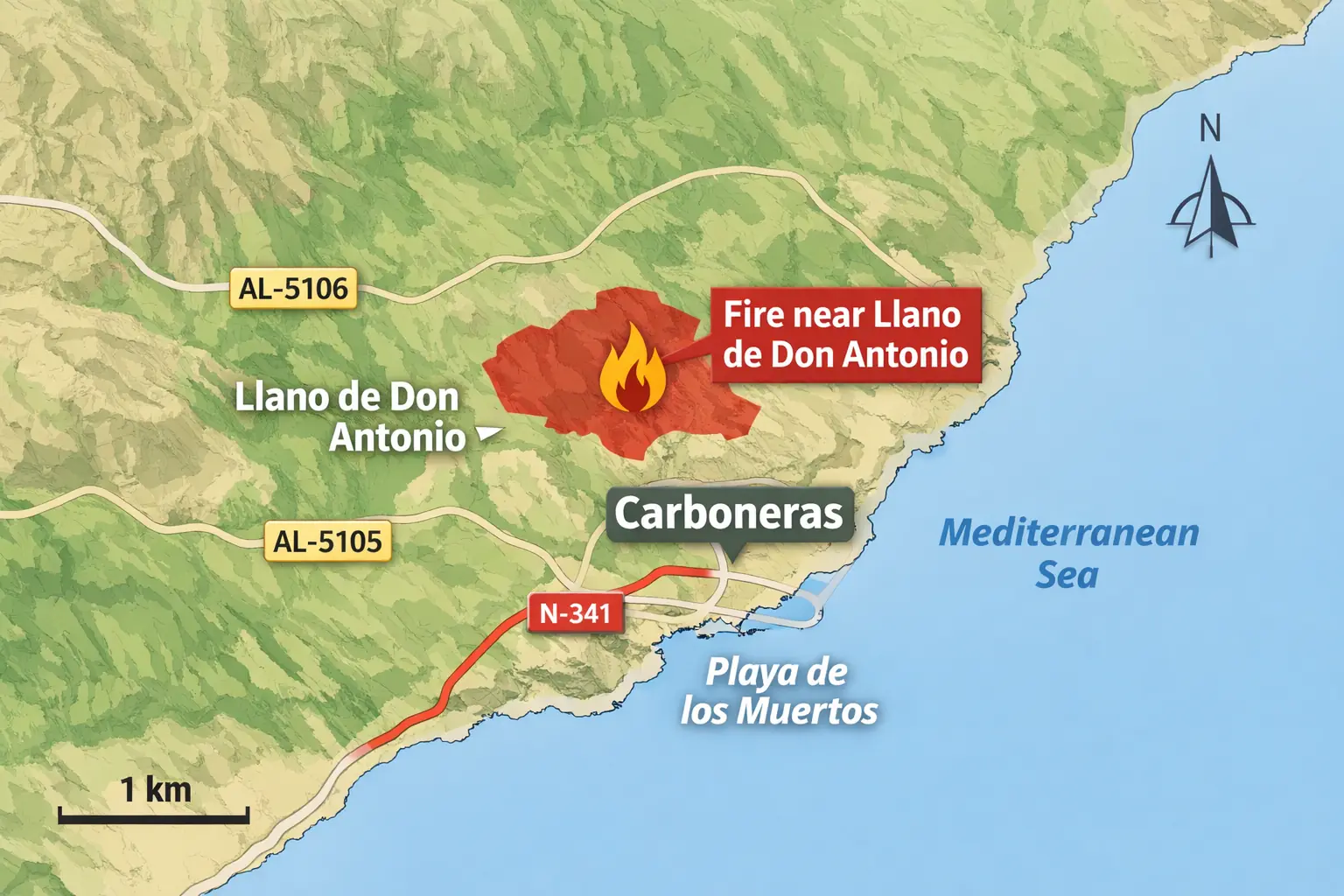 Map showing the wildfire in Carboneras near Llano de Don Antonio and the surrounding area