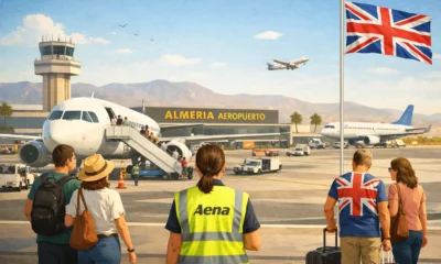 Almeria Airport terminal with aircraft and UK travellers illustrating rising international passenger traffic