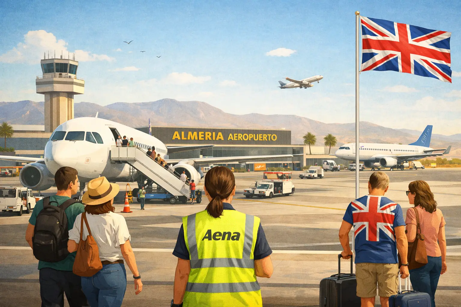 Almeria Airport terminal with aircraft and UK travellers illustrating rising international passenger traffic