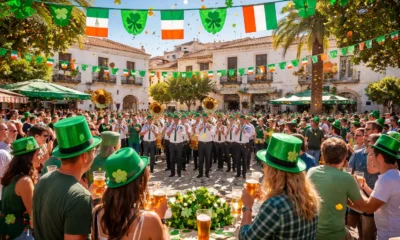 St. Patrick’s Day in Zurgena with brass band, green decorations and crowds in Plaza del Olmo