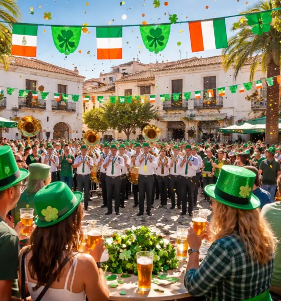 St. Patrick’s Day in Zurgena with brass band, green decorations and crowds in Plaza del Olmo