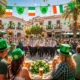 St. Patrick’s Day in Zurgena with brass band, green decorations and crowds in Plaza del Olmo