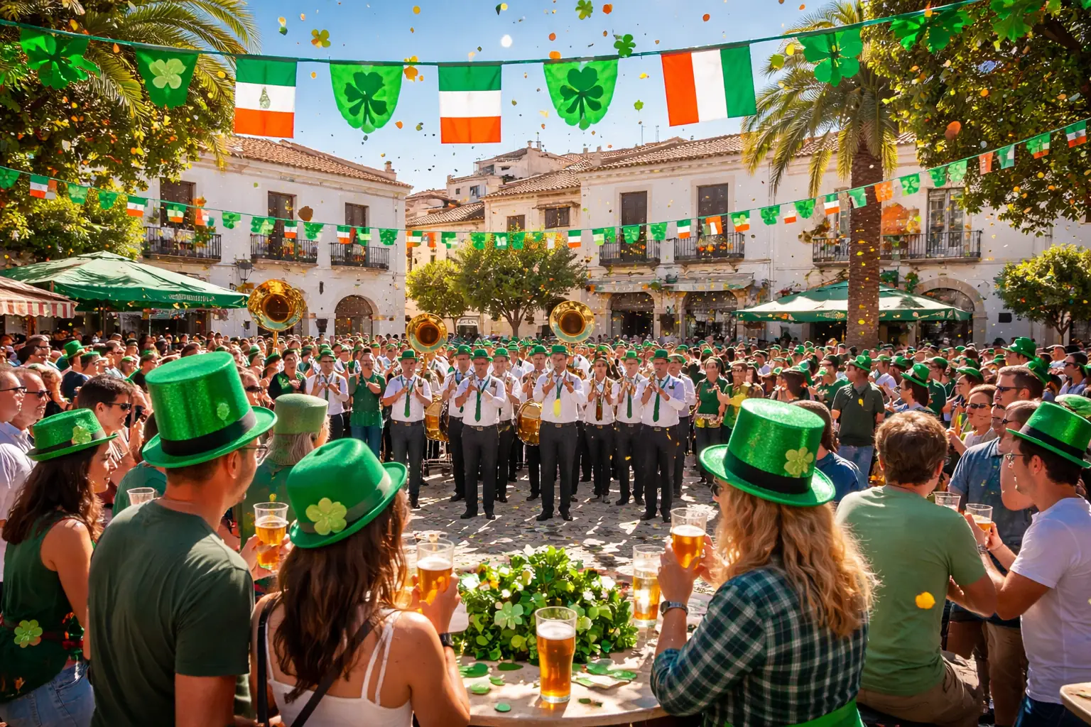 St. Patrick’s Day in Zurgena with brass band, green decorations and crowds in Plaza del Olmo