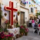 Cruces de Mayo in Vicar with decorated crosses and neighbourhood gathering