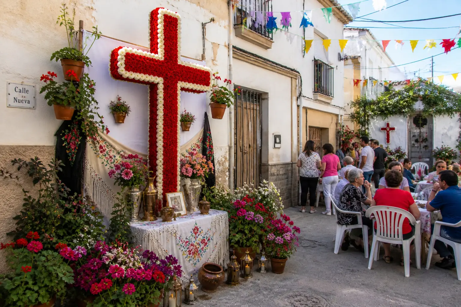 Cruces de Mayo in Vicar with decorated crosses and neighbourhood gathering