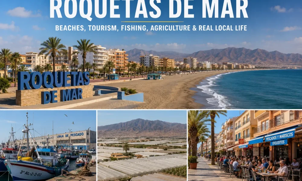 Roquetas de Mar coastal town with beaches, fishing port, greenhouses and year-round local life in Almeria province