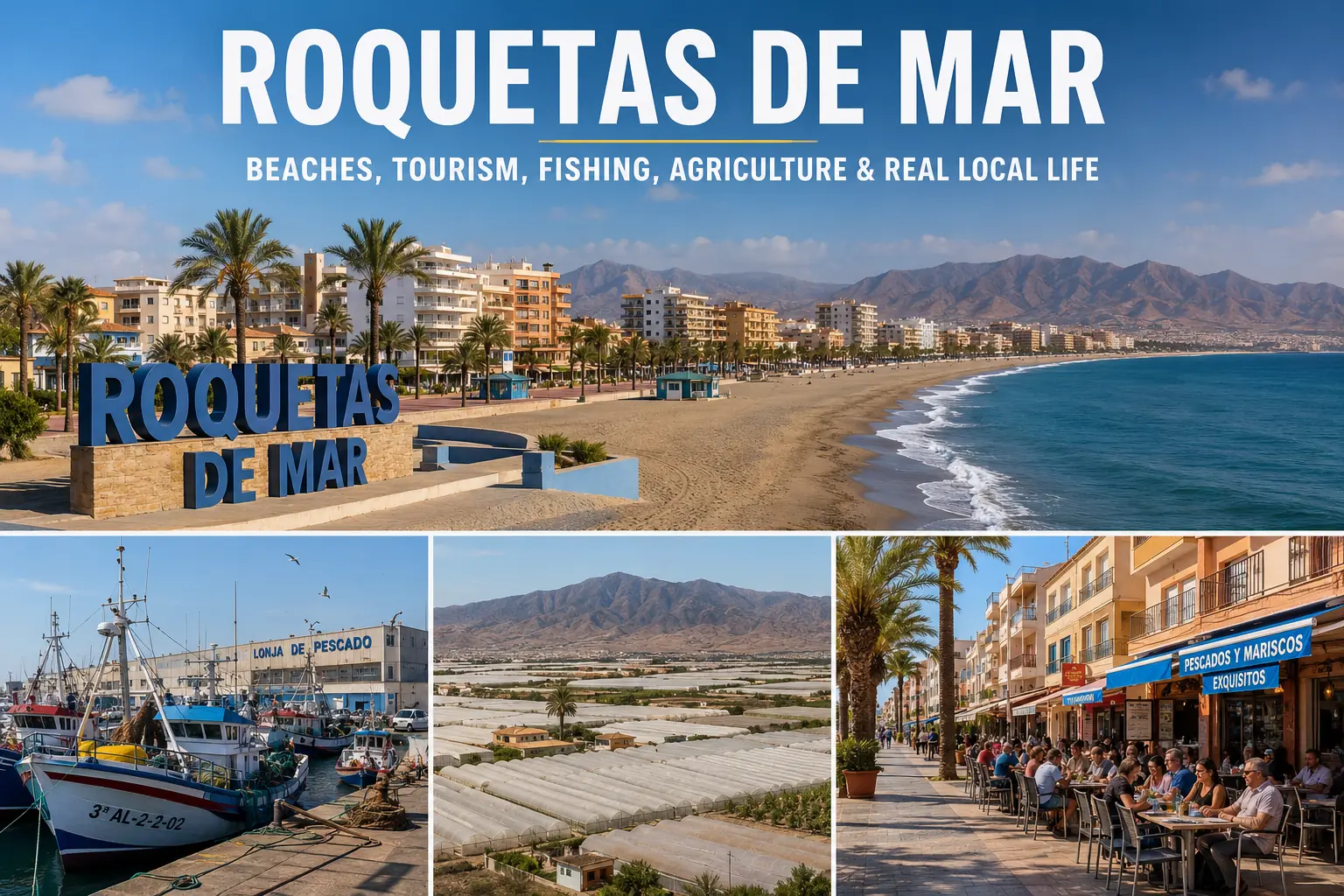 Roquetas de Mar coastal town with beaches, fishing port, greenhouses and year-round local life in Almeria province
