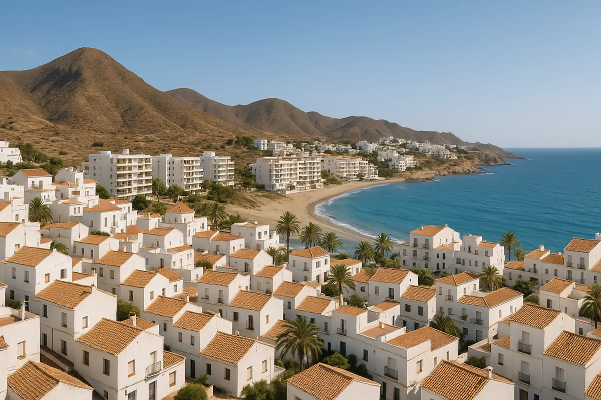 Coastal town in Almeria showing a mix of homes and tourist rentals under Mediterranean light.
