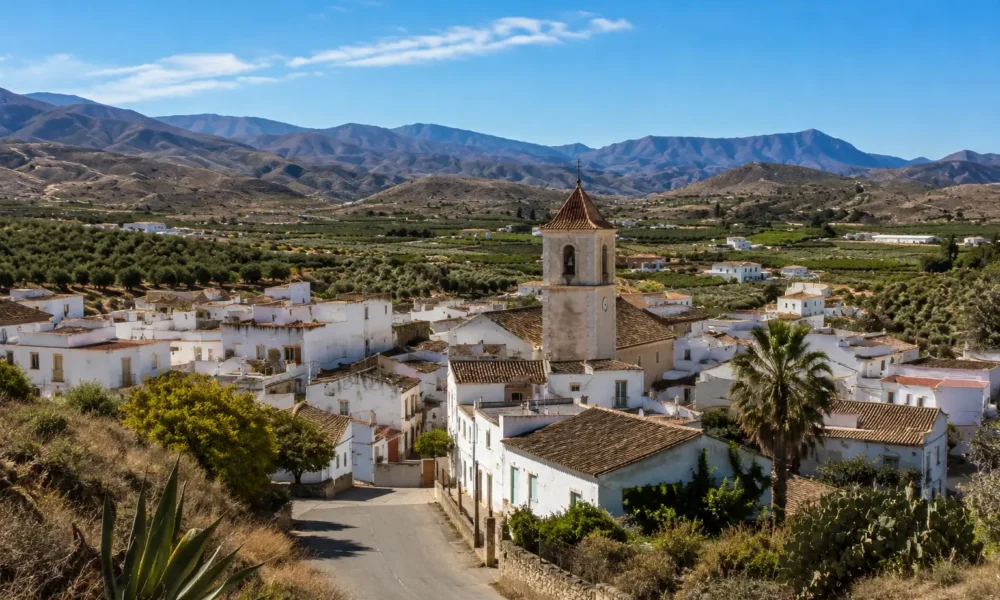Traditional white village of Urracal in the Almanzora Valley surrounded by farmland and mountains in Almeria province